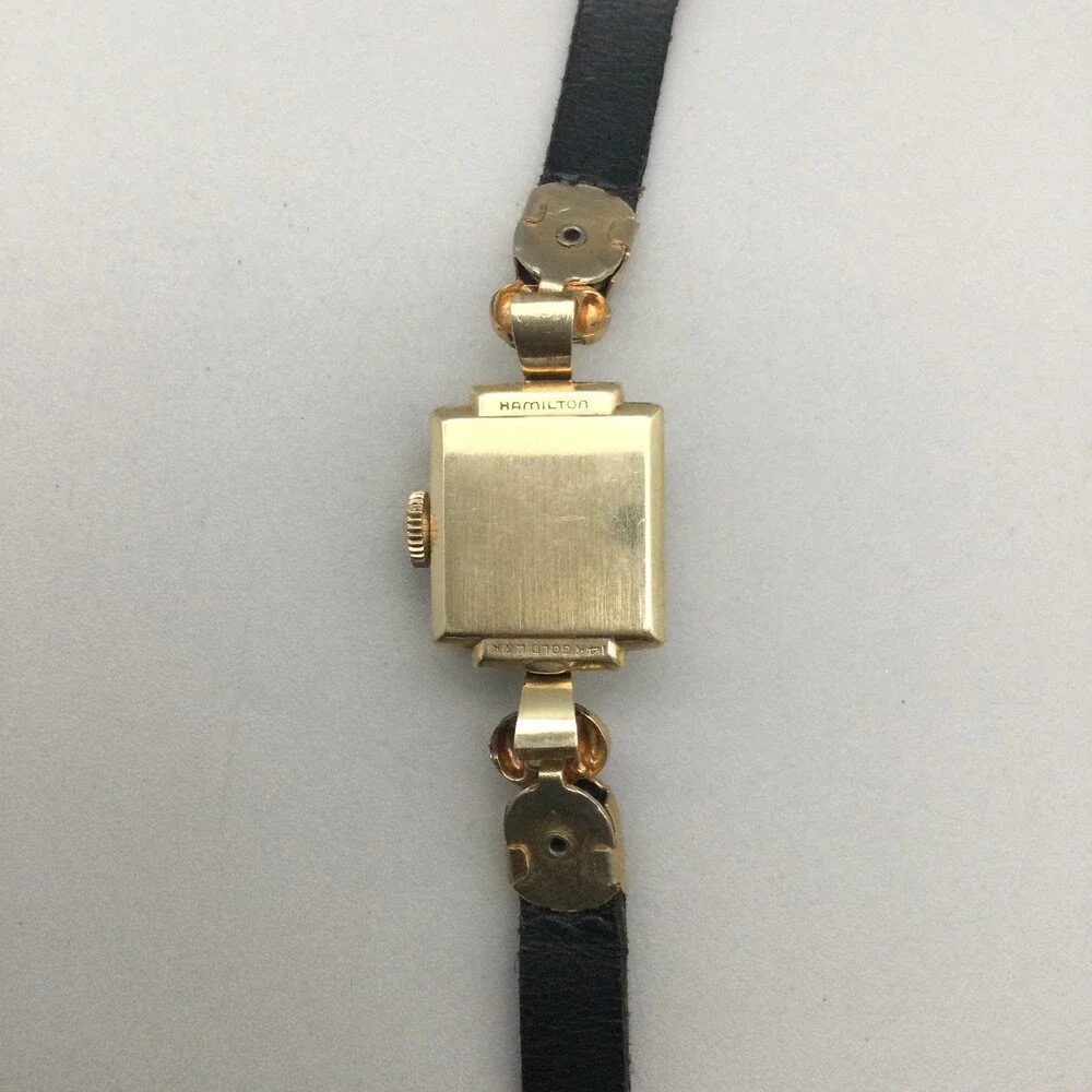 Vintage Hamilton Womens Watch 14mm 14K Gold Manual Wind Leather Band